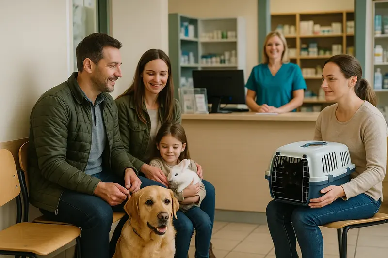 Family with pets in modern veterinary waiting area